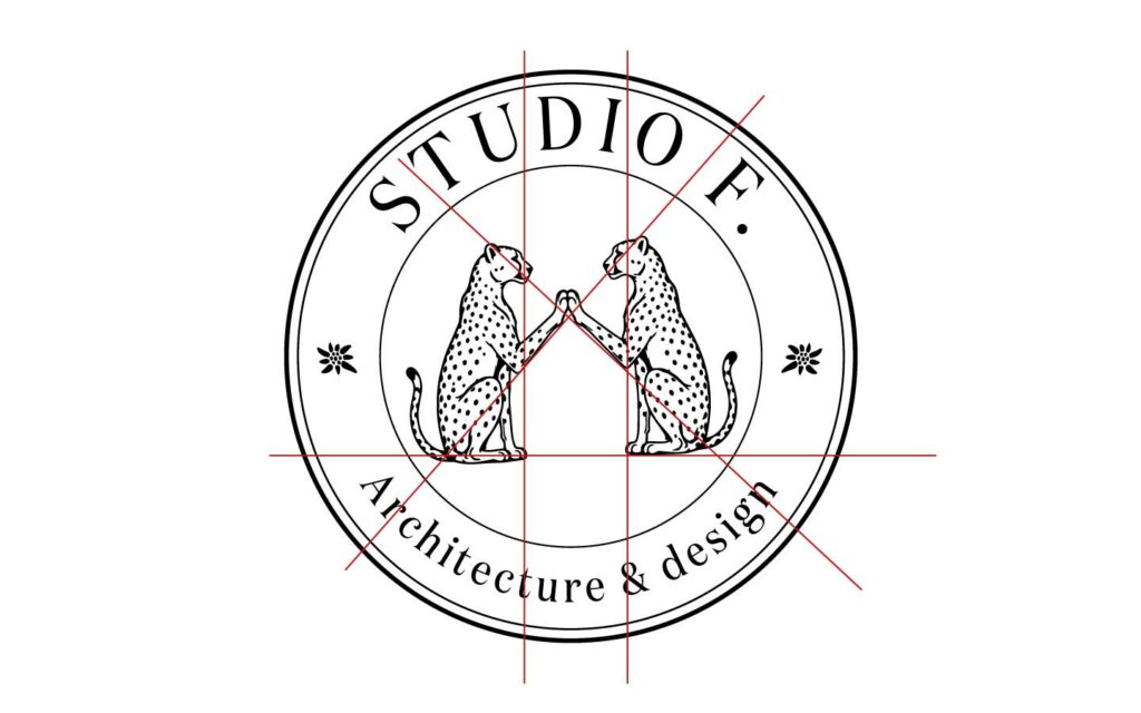 Grille de construction du logo Studio F., repères géométriques de la composition circulaire